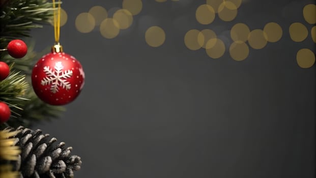 Festive Red Christmas Ornament Hanging on a Pine Branch Against a Dark Moody Background with Sparkling Lights photo