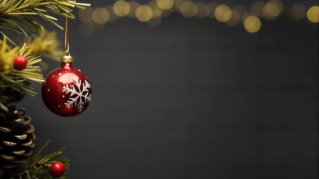 Serene Red Christmas Ornament Hanging on a Pine Branch Against a Dark Background with Festive Lights photo