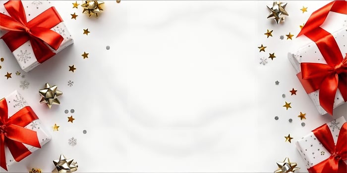 Festive Christmas Gift Background Elegant Red and Gold Presents on White, Joyful Holiday Mood - Professional digital artwork with vibrant colors and detailed composition photo