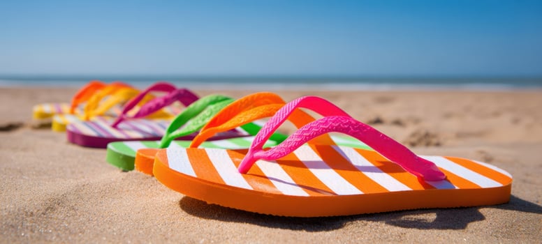 The vibrant flip-flops line on a sunny beach, evoking summer bliss. photo