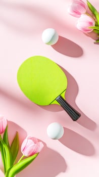 Green Table Tennis Paddle And White Balls With Tulips On Pink Background For Spring Sports Visuals, Active Lifestyle Concepts, Seasonal Fitness Inspiration, And Ping Pong Competition photo