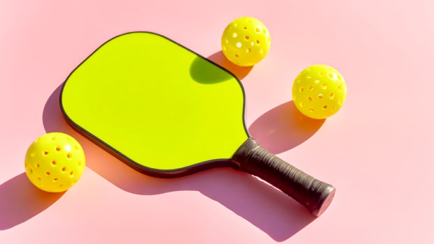 Neon Pickleball Paddle And Balls On Pink Background For Sporty Lifestyle Visuals, Summer Recreation Trends, Active Leisure Concepts, And Youthful Fitness-Inspired Design Aesthetics photo