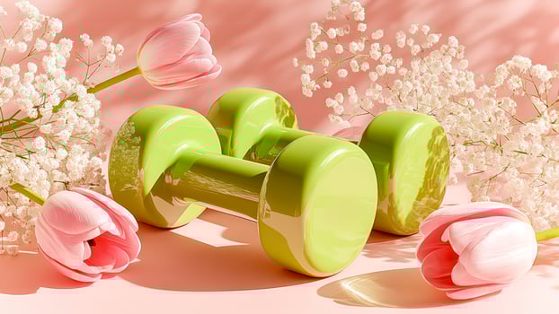 Green Dumbbells With Tulips On Pink Pastel Background For Spring Fitness Motivation, Feminine Wellness Aesthetic, Home Workout Inspiration, And Seasonal Active Lifestyle Visuals photo