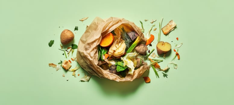 The compostable food waste in a brown bag on a green background. photo