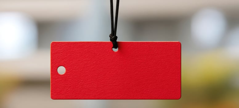 The vibrant red tag hanging against a blurred background for promotional use. photo