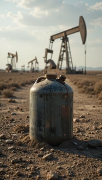 Rusty Fuel Canister in Dry Desert with Distant Oil Pumps photo