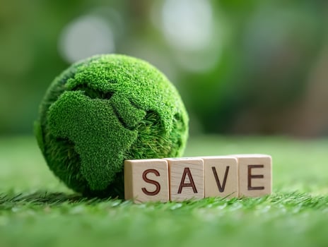 save the earth concept with green earth globe and wooden blocks on grass background photo