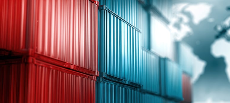 The colorful shipping containers stacked against a blurred world map background. photo