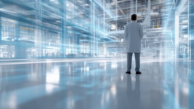 Scientist observes advanced technology in a high-tech laboratory setting during daytime photo