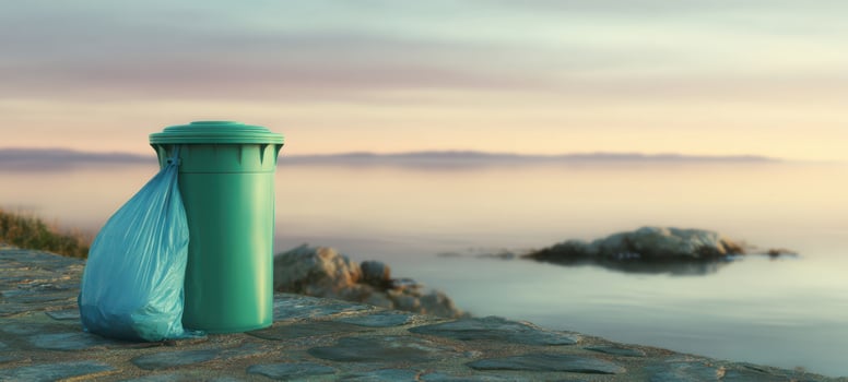 The green garbage bin by the calm ocean at sunset. photo