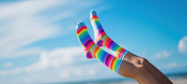 The vibrant rainbow socks dance in the summer sun on the beach. photo