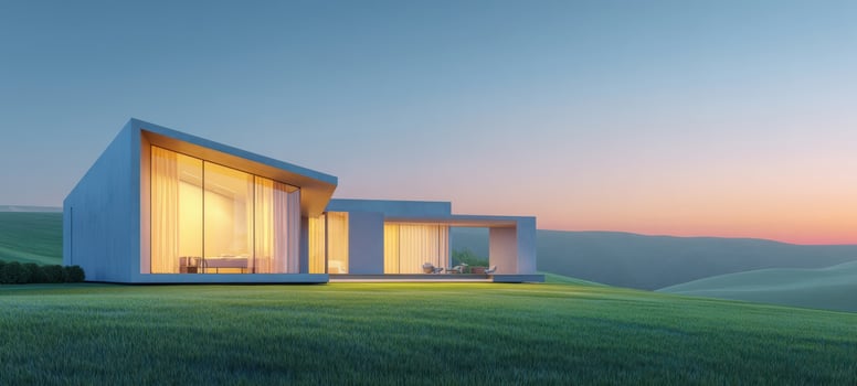 The modern house illuminated by sunset in a serene countryside landscape. photo