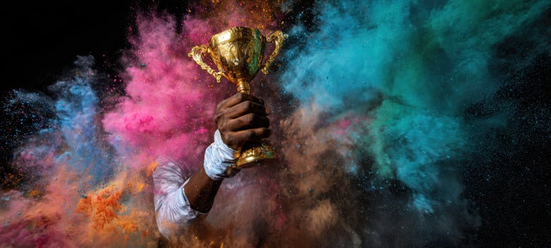 The trophy held high amid colorful powder explosion during celebration. photo
