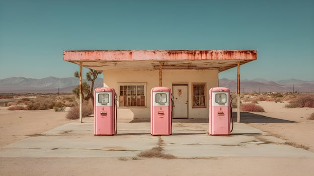 Abandoned gas station with pink pumps in desert landscape photo