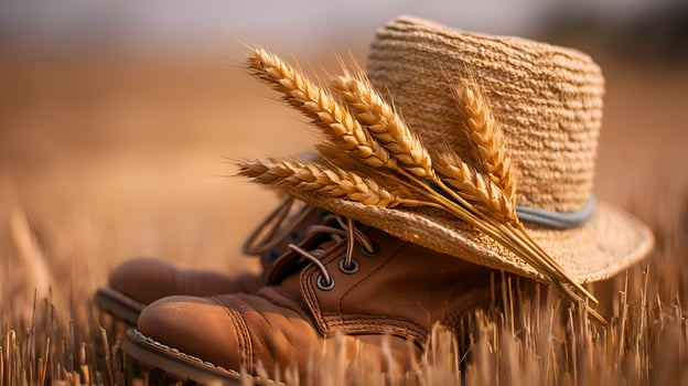 Wheat, boots, and straw hat resting on harvested field at sunset photo
