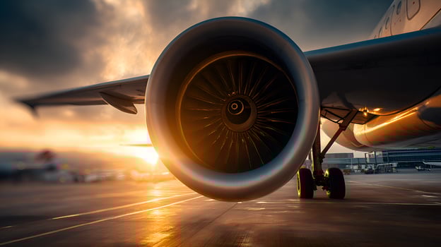 Large passenger airplane standing on runway during sunset photo