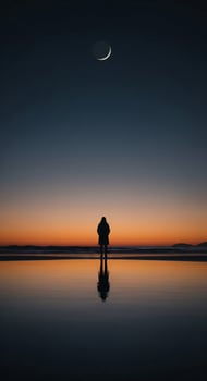 a person standing on the beach with the moon in the sky photo