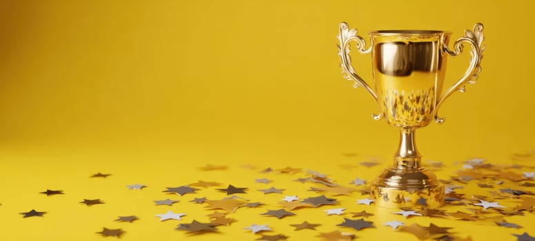The golden trophy shining brightly among festive star decorations on a yellow background. photo