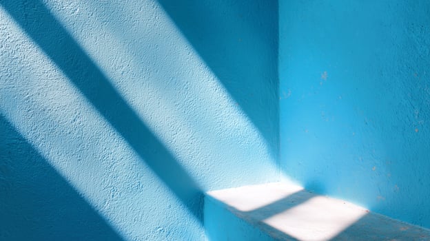 Blue wall with sunlight casting shadows in a calm and serene interior space photo