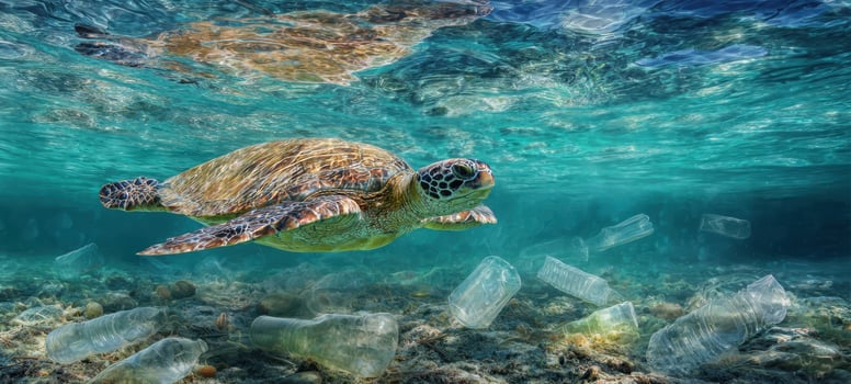 The turtle navigating through polluted waters filled with plastic debris. photo