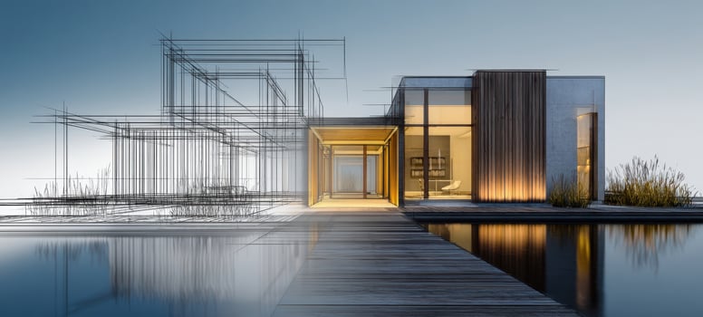 The modern architecture of a lakefront house with innovative design elements. photo