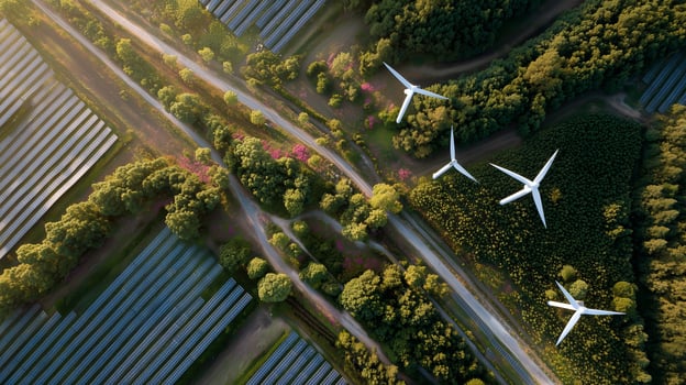 Green energy landscape showcases wind turbines and solar panels during sunset in an eco-friendly agricultural area photo