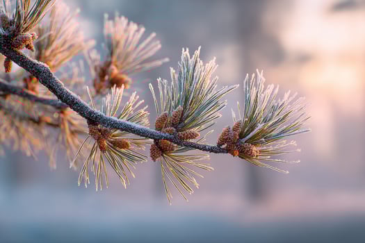 Close-up of a realistic pine branch coated in frost showing sharp icy wintertime details photo