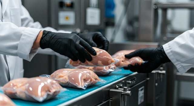 Workers Handling Packaged Chicken Breasts on Production Line in Food Processing Plant photo