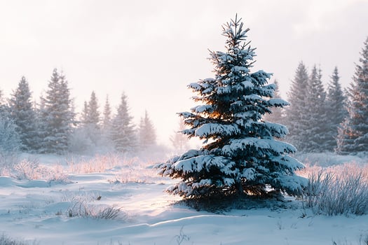 Snowy evergreen tree in winter landscape photo