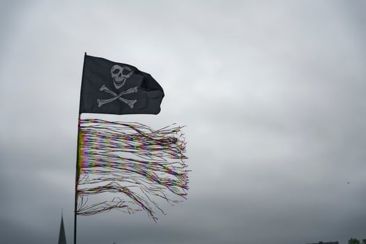 Pirate Flag with Colorful Streamers in the Wind at flensburg harbor photo