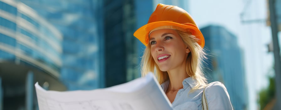 The confident architect reviewing blueprints in an urban construction environment. photo