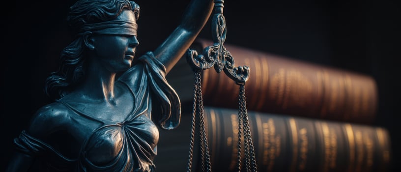 The Lady Justice Statue Holding Scales Against Law Books in Background photo