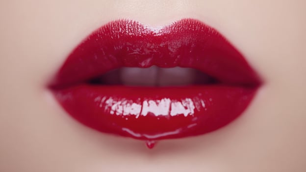 Closeup of glossy red lips with drop of lip gloss photo