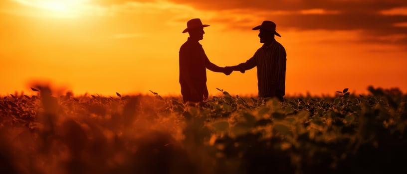 The farmers shake hands at sunset in a beautiful agricultural field. photo