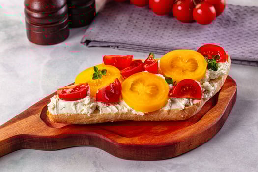 A piece of bread with tomatoes and cheese on it photo