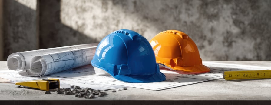 The vibrant hard hats resting on blueprints in a construction workspace. photo