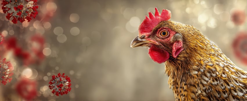 The striking chicken amidst a backdrop of health concerns and virus imagery. photo