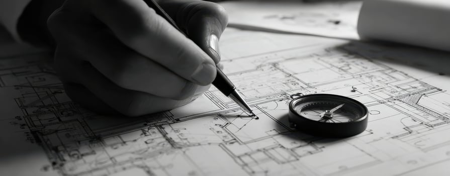The hand drawing detailed architectural plans with compass and pen. photo