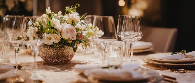 The elegant floral arrangement as a stunning centerpiece for a romantic dinner setting. photo