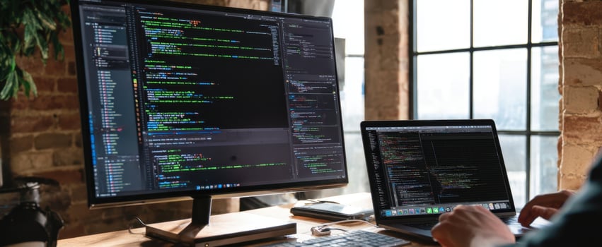 The programmer working on dual screens with vibrant coding in a modern workspace. photo