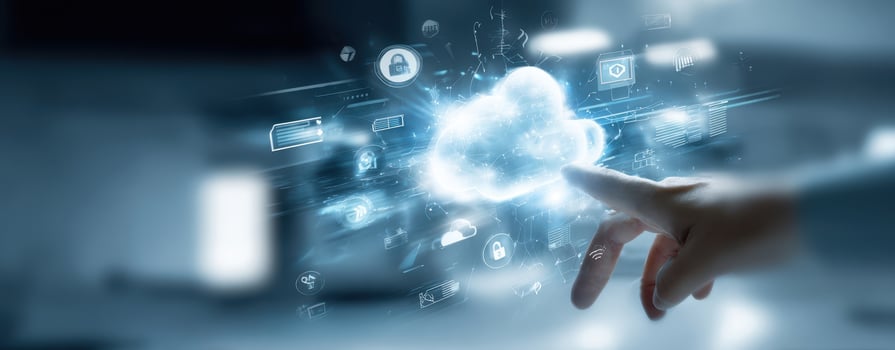 The Cloud Technology Concept with Hand Interacting and Data Visualization Elements photo