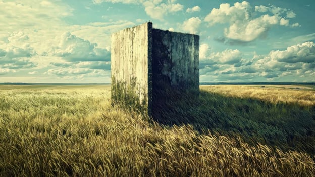 Large weathered concrete block standing in the middle of a wheat field under a cloudy sky photo