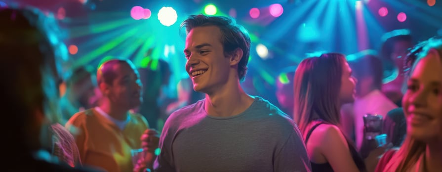 The joyful young man enjoying a lively evening at a vibrant party atmosphere. photo