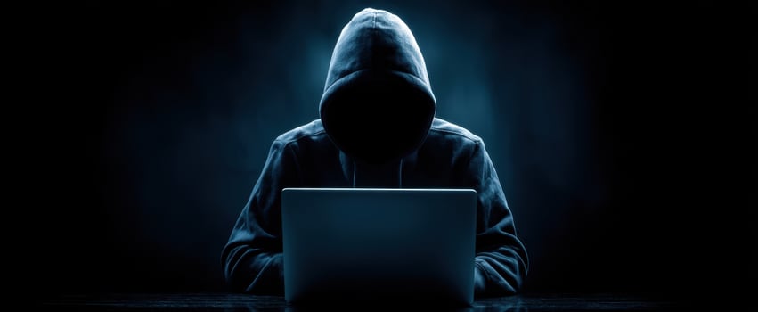 The hooded figure working on a laptop in a dark and mysterious environment. photo