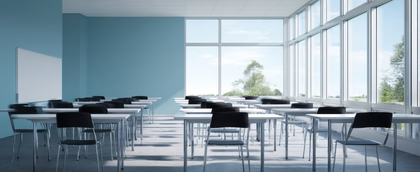 The modern classroom with large windows and organized desks in a minimalist design. photo