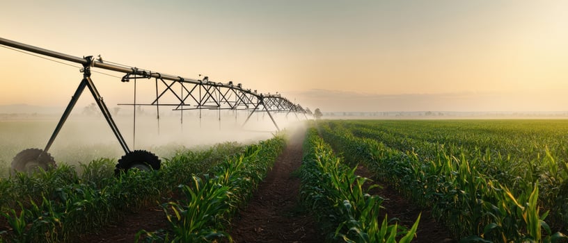 The agricultural landscape showcasing modern irrigation technology at sunrise. photo