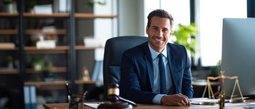 The lawyer confidently smiling in a modern office setting with legal elements. photo
