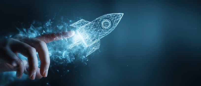 The digital representation of a rocket launched by a creative hand gesture. photo