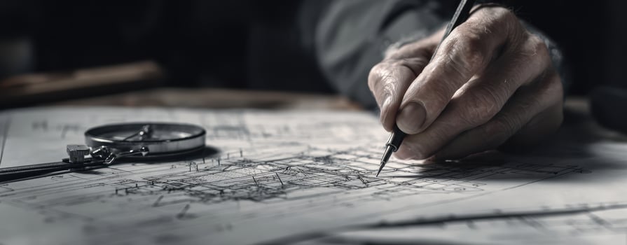 The intricate hand drawing precise architectural plans with a pencil on blueprints. photo