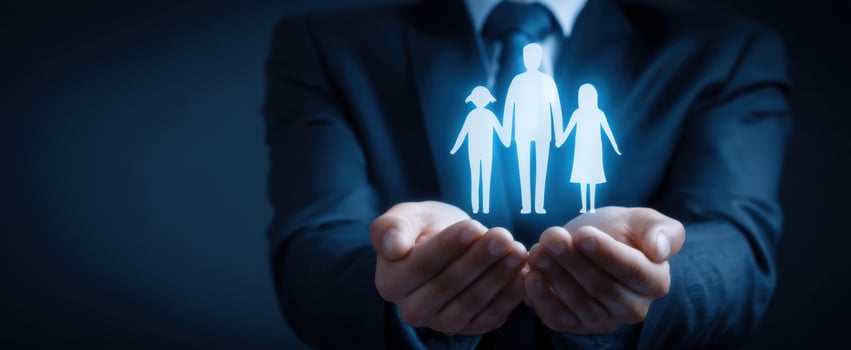 The hands holding a holographic representation of a family symbolizing support and care. photo